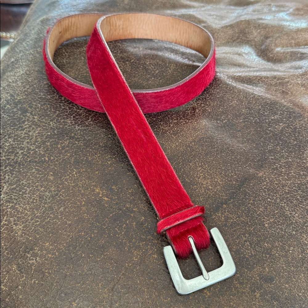 GAP Genuine Leather and fur red Belt silver buckle
